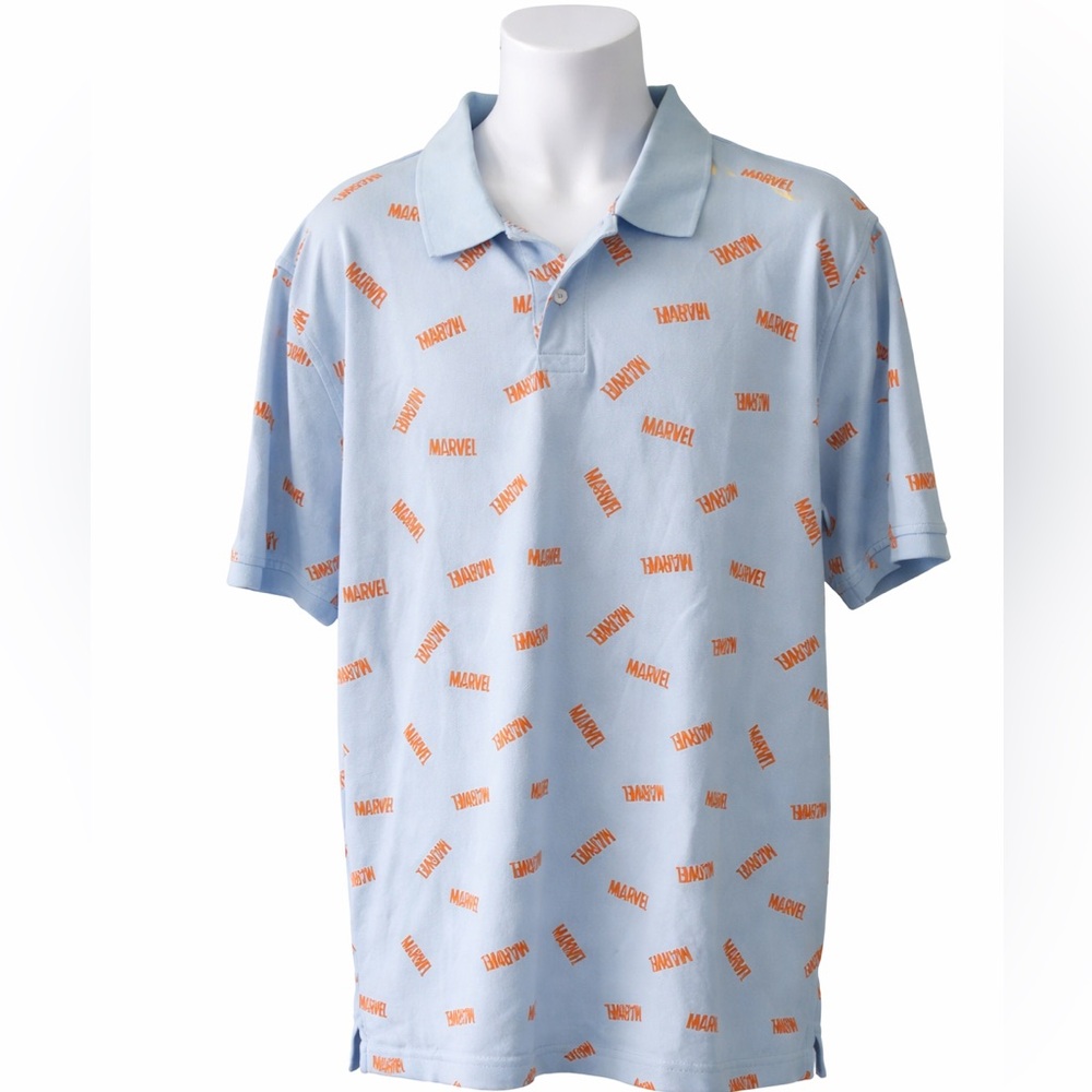 Marvel Sky Blue All-Over Logo Polo Shirt Orange Print